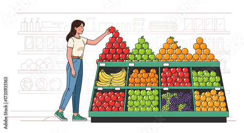 Woman selecting fresh produce at a vibrant fruit market with colorful displays of fruits
