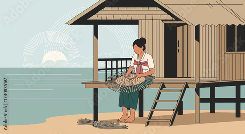 Woman weaving traditional hat in stilt house near ocean at sunrise illustration
