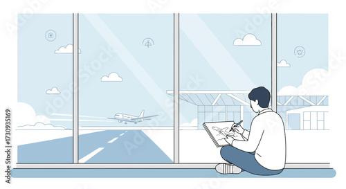 Young artist captures the moment: Drawing an airplane at airport terminal window