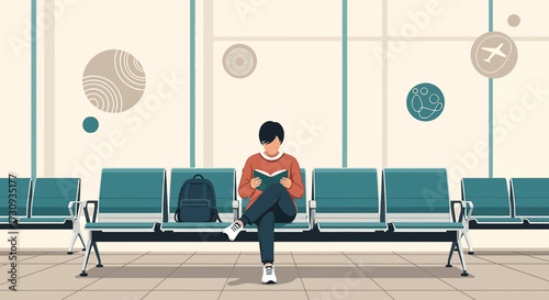 Young traveler reads a book while waiting at the airport departure area in peace
