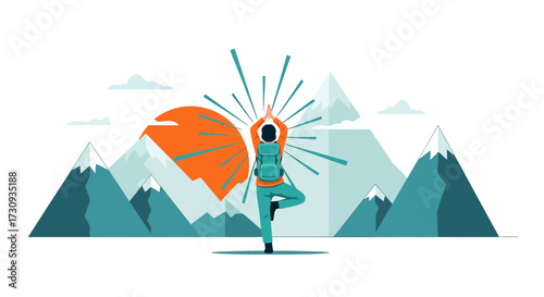Zenith Hiker Reaching Inner Peace in Mountainous Landscape Vector Illustration