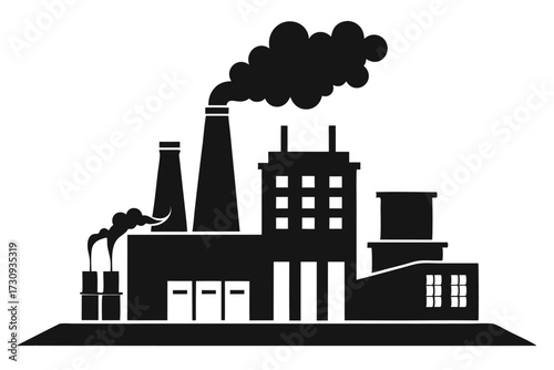 Black Silhouette Illustration of a Factory with Smoke Stacks Emitting Plumes of Smoke