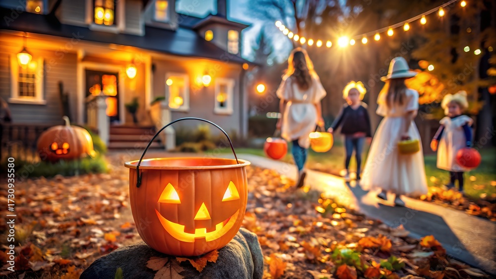 Obraz premium Children trick or treating on halloween night in front of a house