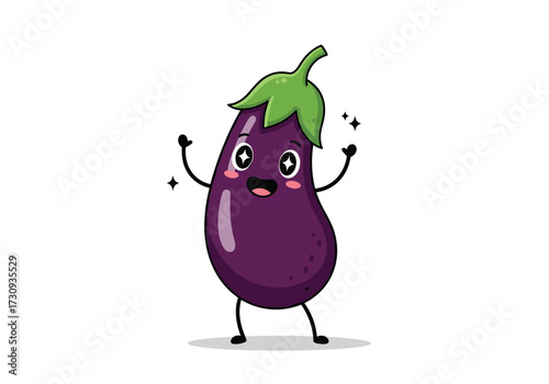A cute happy kawaii cartoon eggplant dancing with joy on a white background.