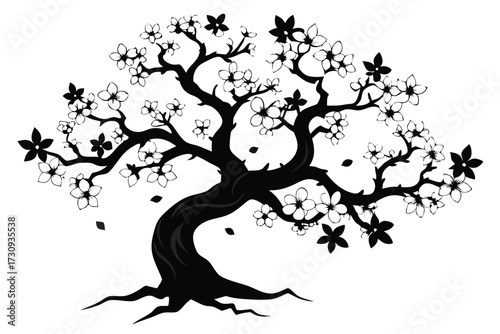 Silhouette Illustration of a Flowering Tree with Petals Falling in a Serene Black and White Image