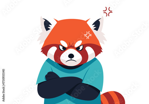 An angry red panda with arms crossed looking intensely at the camera.