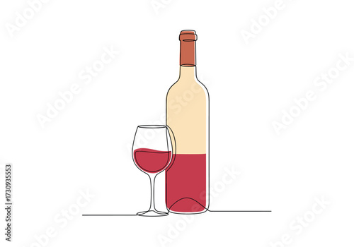 A single line drawing of a bottle of wine and a glass of red wine.