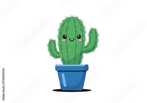 A cute cartoon cactus wearing a smiley face and waving its arms happily.