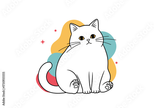 A charming fluffy white cat sits serenely against a colorful abstract background of blobs and stars.