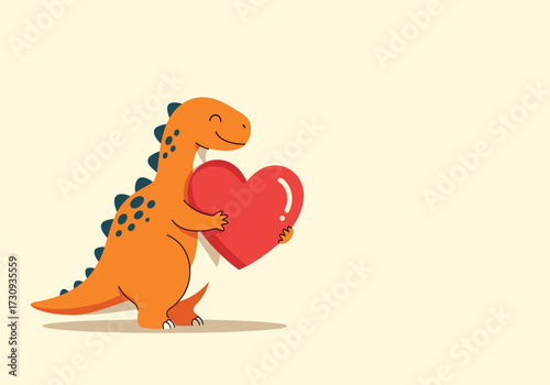 An adorable orange dinosaur gently holds a large red heart with a sweet smile on its face.