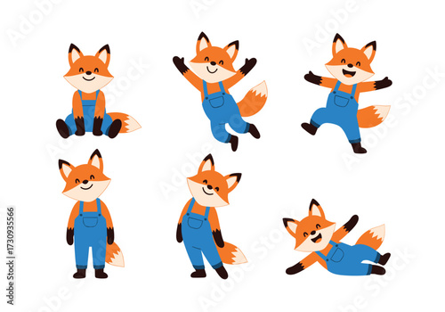 Collection of cute cartoon foxes wearing overalls in various playful poses.