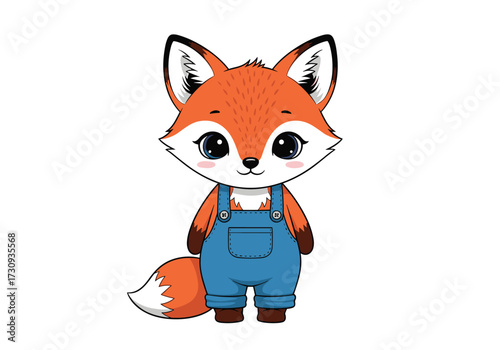 A cute cartoon fox wearing blue overalls and looking forward with big eyes.