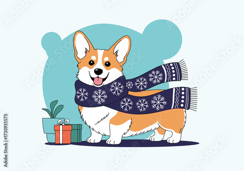 A cheerful corgi dog wears a festive snowflake scarf on a cold winter day.