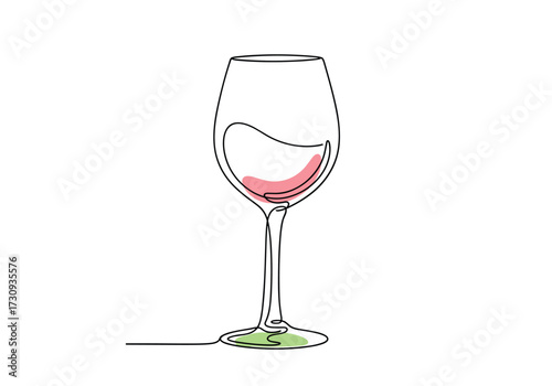 An artistic single line drawing of a wine glass filled with red wine showing a gentle swirl.