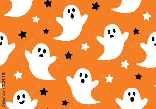 Spooky ghosts and sparkling stars adorn an orange background for a festive Halloween design.