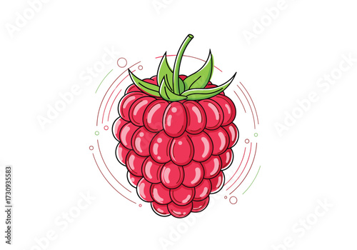 A vibrant red raspberry with green leaves stands out against a white background.