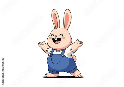 A happy cartoon bunny wearing denim overalls with its arms raised in excitement.