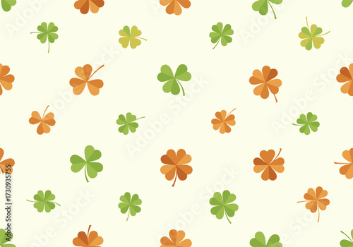 A seamless pattern of four leaf clovers and shamrocks scattered across a cream background.
