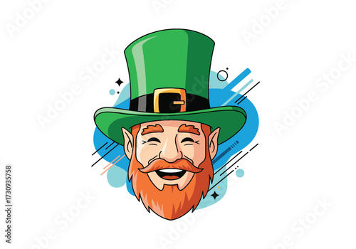 A cheerful leprechaun wearing a tall green hat with a black band and buckle.
