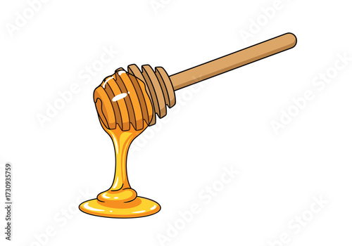 A wooden honey dipper drizzling golden honey onto a white surface creating a pool.