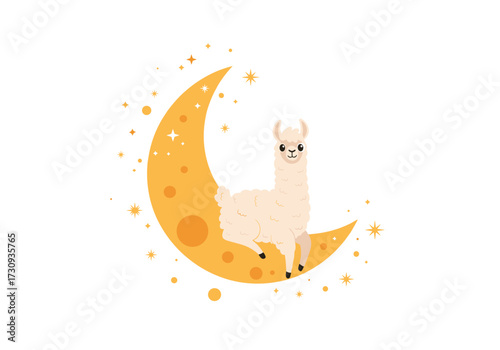 A cute fluffy llama sits peacefully on a crescent moon surrounded by stars.
