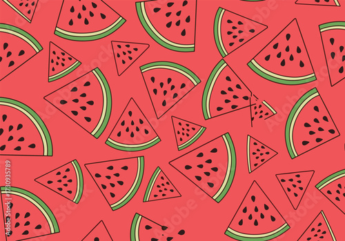 A vibrant and colorful collection of sliced watermelon pieces scattered across a red background.