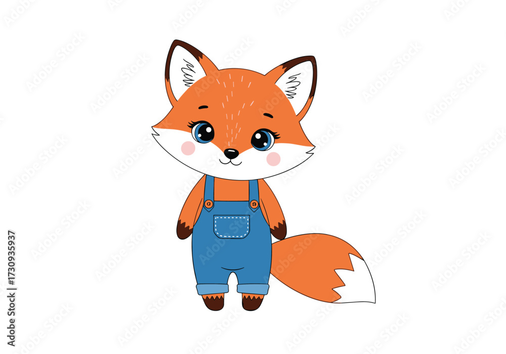 Obraz premium A cute cartoon fox wearing blue overalls is standing with its tail bushy and fluffy.