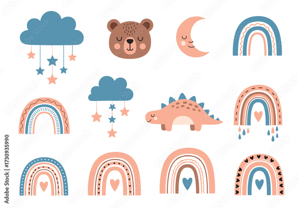 Fototapeta premium Adorable boho nursery elements featuring clouds stars moon bear and dinosaur rainbows.