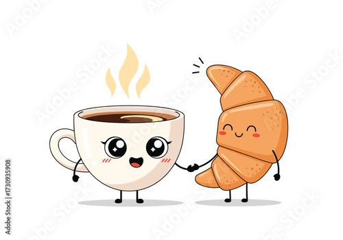 Cute coffee cup and croissant best friends enjoying breakfast together.
