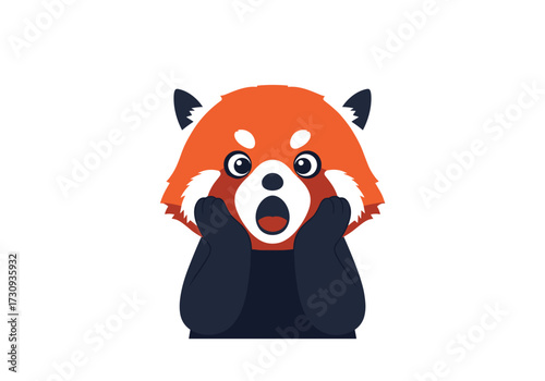 A shocked red panda with its paws on its cheeks expresses surprise.