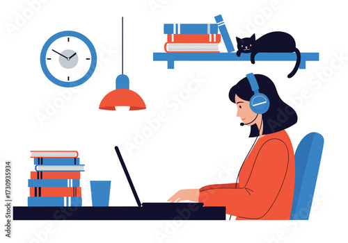 A person working on a laptop at home with books and a cat.