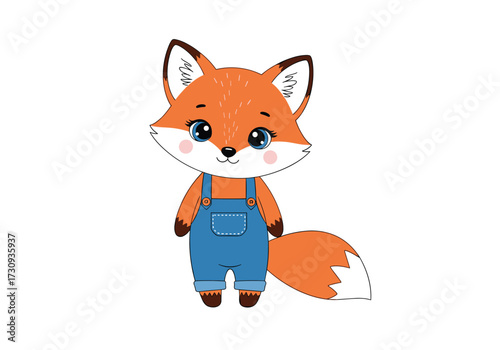 A cute cartoon fox wearing blue overalls is standing with its tail bushy and fluffy.