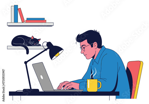 A focused individual working on a laptop with a steaming mug and a sleeping cat nearby.