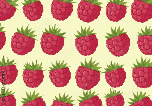 A seamless pattern of ripe red raspberries with green leaves on a light yellow background.