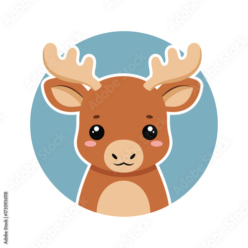 Cute cartoon moose with large eyes and antlers isolated on white background