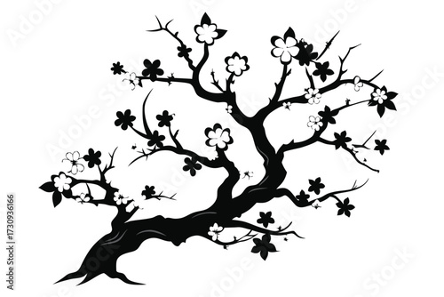 Black Silhouette of Tree with Flowers and Small Twigs Blooming, Oriental Symbolism Art