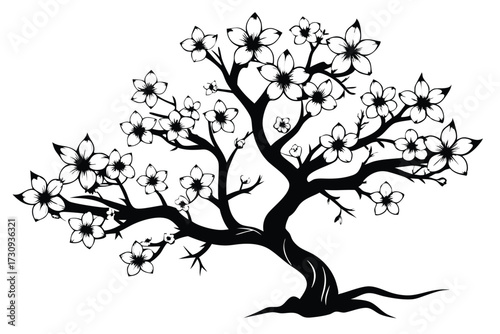 Black and White Illustration of a Blossoming Tree with Flowers and Branches Isolated