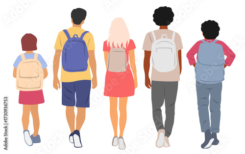 Man, woman, girl and couple walking with backpacks, family, back view, cartoon characters, people silhouettes, vacation clothes. Flat icon design, vector isolated on white, different nationalities