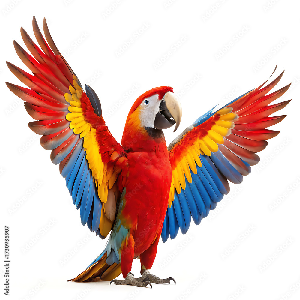 Fototapeta premium A vibrant macaw parrot with outstretched wings showcasing its colorful plumage on a white background