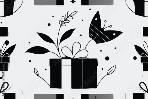 Vector art of gift box with butterfly and plant seamless pattern