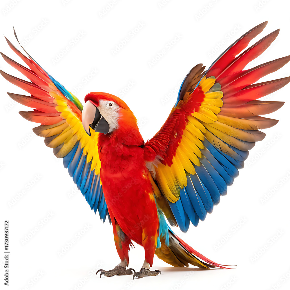 Obraz premium A vibrant scarlet macaw standing with its wings fully extended against a white background in studio shot