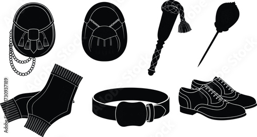 Fashion silhouette accessories, handbag, belt, shoes, socks, rose brooch, whip, stylish vector icons, black design elements, isolated illustration