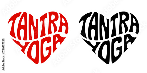 Heart-shaped sticker set featuring "TANTRA YOGA" in colorful and black design. Part of holistic system of self-discovery for deep emotional and physical transformation and spiritual awakening