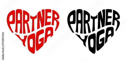 Heart-shaped sticker set featuring "PARTNER YOGA" in colorful and black design. Style of yoga where two or more people practice poses  (asans) together