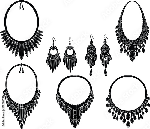 Elegant ornate jewelry collection, gold necklaces, bridal earrings, fashion accessories, traditional design, luxury ornaments, gemstone style, ethnic patterns, decorative beauty