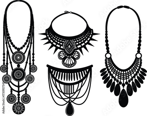 Ornate necklace silhouette, fashion jewelry design, tribal ethnic accessory, decorative pendant art, elegant statement necklace, bohemian style illustration, vector template