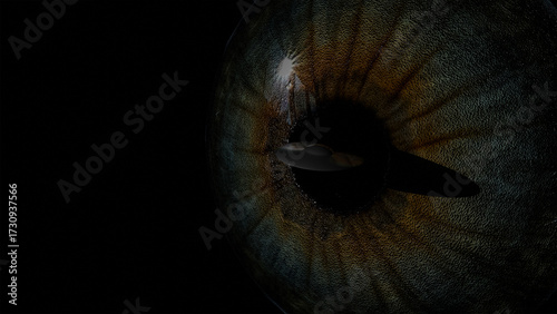 A 3D model of a human eye in the dark, with an unidentified flying object emerging from its center, technology
