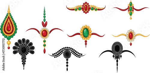 Traditional Indian decorative bindi designs, colorful jewelry motifs, cultural ornaments, symmetrical patterns, ethnic embellishments, fashion accessories, bridal adornment, festive beauty