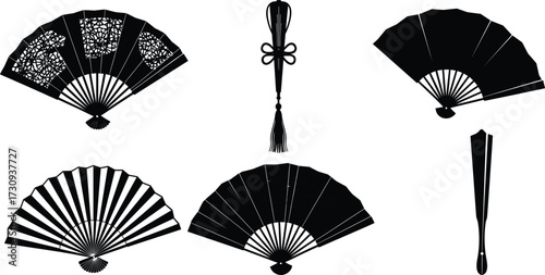 Traditional hand fan silhouettes, Japanese Chinese Asian folding fans, tassel accessory, cultural decorative design, vintage oriental pattern, black vector illustration