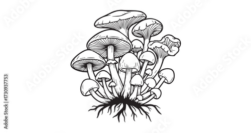 Mushroom Line Art Hand Drawn Leaf Vector